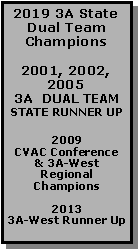 Text Box: 2019 3A State Dual Team Champions2001, 2002, 20053A  DUAL TEAM STATE RUNNER UP2009
CVAC Conference & 3A-WestRegional Champions20133A-West Runner Up